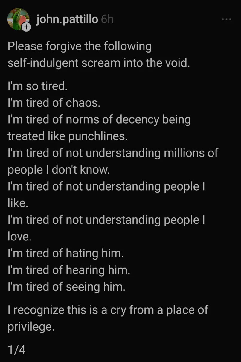 A screenshot of a social media post by 'john.pattillo' with white text on a black background. The text is a list of…
