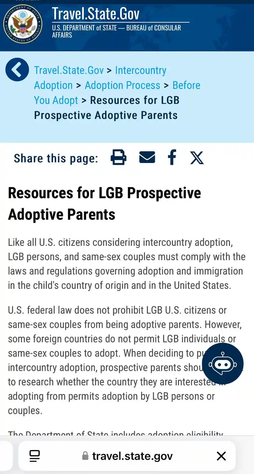 A screenshot of a U.S. Department of State webpage titled 'Resources for LGB Prospective Adoptive Parents' with text…