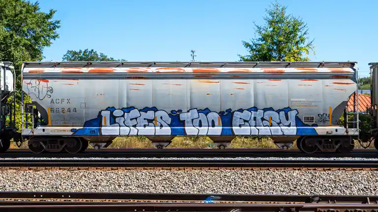 A weathered silver freight train car with rust streaks sits on railway tracks under a clear blue sky, surrounded by green…