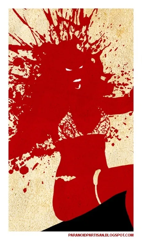A stylized graphic shows a woman's silhouette in red against a beige background, with red splatter effects around her head…