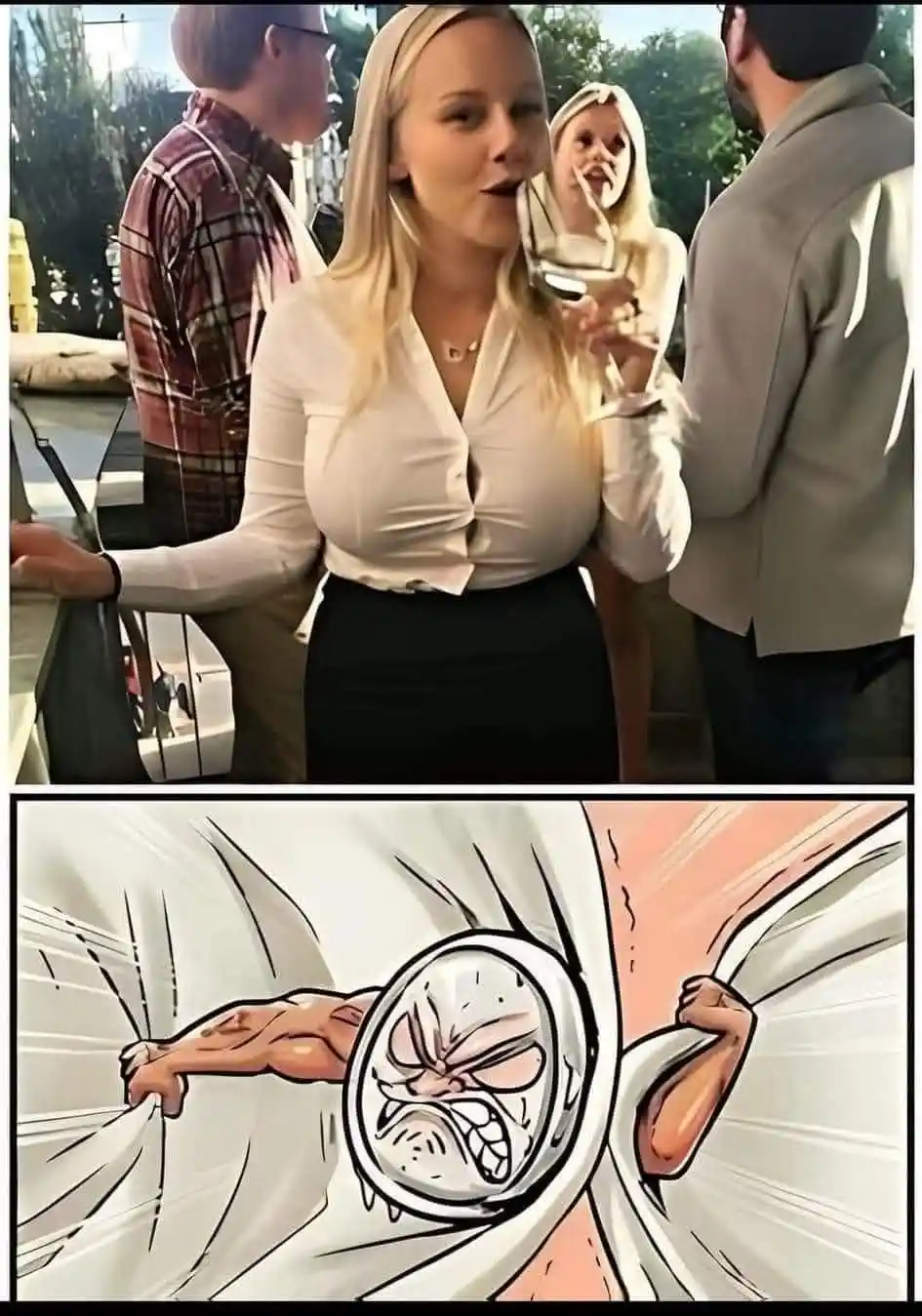 The top panel shows a blonde woman in a white blouse and black skirt at an outdoor social gathering, holding a wine glass…