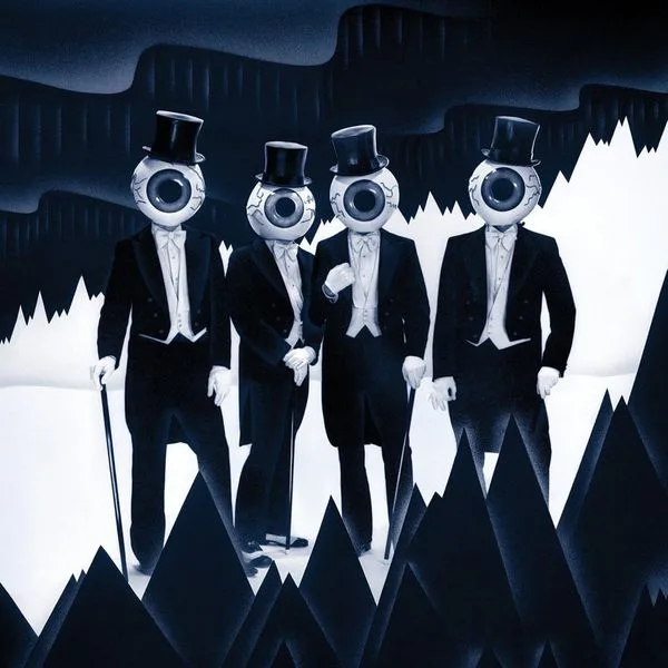 Four figures in black tuxedos and top hats stand in a stylized, dark blue and white landscape with jagged peaks. Each figure…