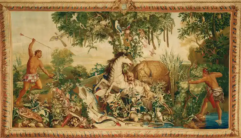 a classical tapestry depicts two hunters in a lush jungle, one with a spear and the other with a bow, surrounded by exotic…