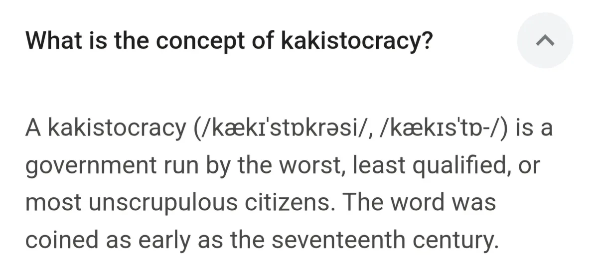 The image displays a screenshot of a dictionary definition for 'kakistocracy,' which defines it as a government run by the…