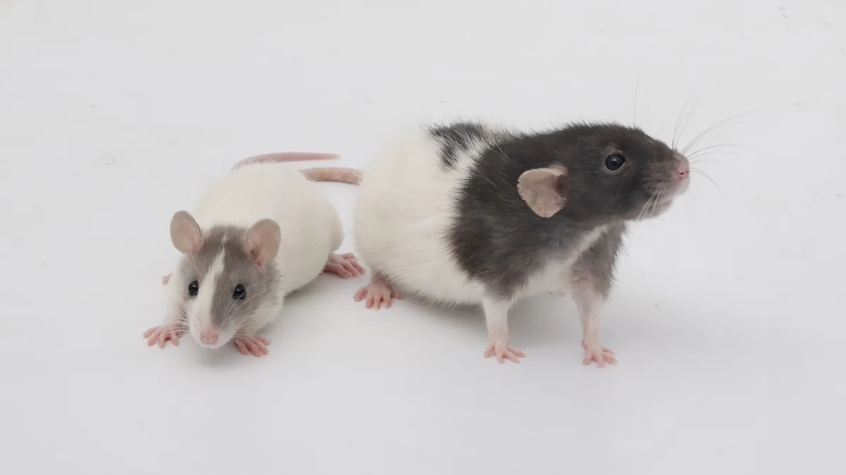 Two small rats stand side by side on a plain white surface; the rat on the left is smaller and has a white body with grey…