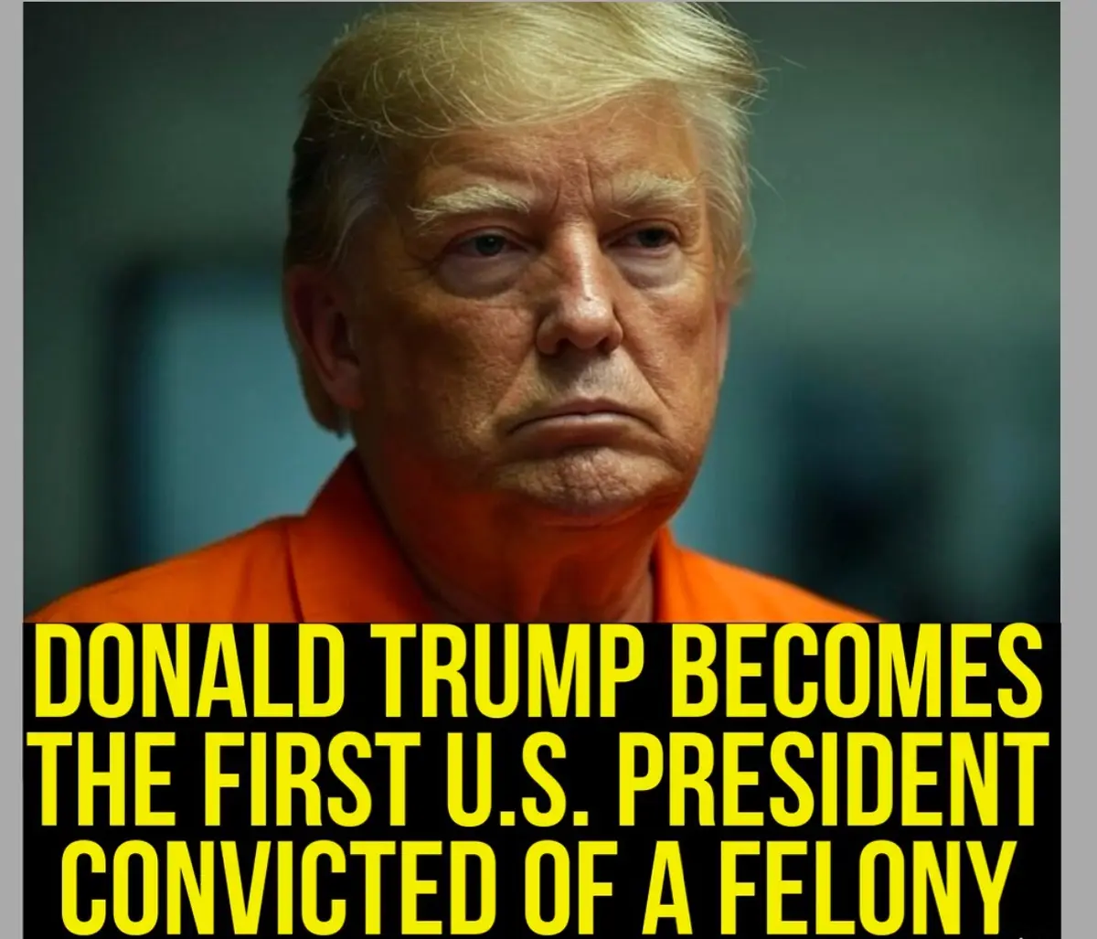 A close-up photo of Donald Trump wearing an orange jumpsuit, looking somber and serious. Overlaid in large, bold, yellow…