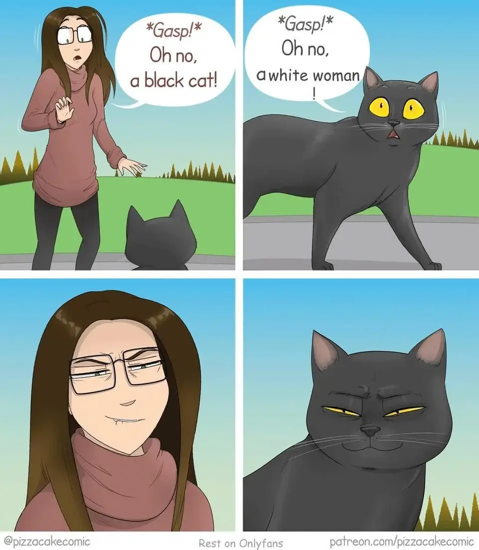 A four-panel comic shows a woman gasping in fear at a black cat, then the cat gasping in fear at the woman. Both characters…