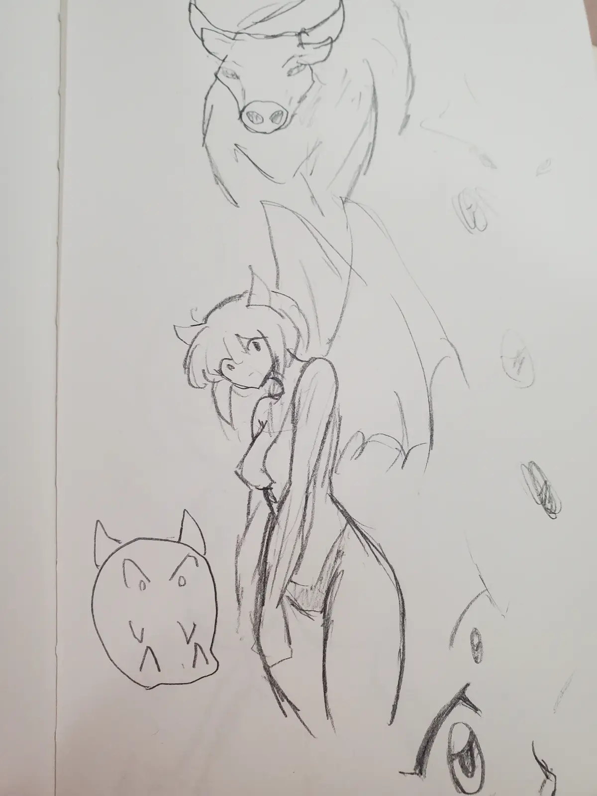 A pencil sketch on paper shows a large pig-like creature, a smaller anime-style girl with cat ears hugging its leg, and a…