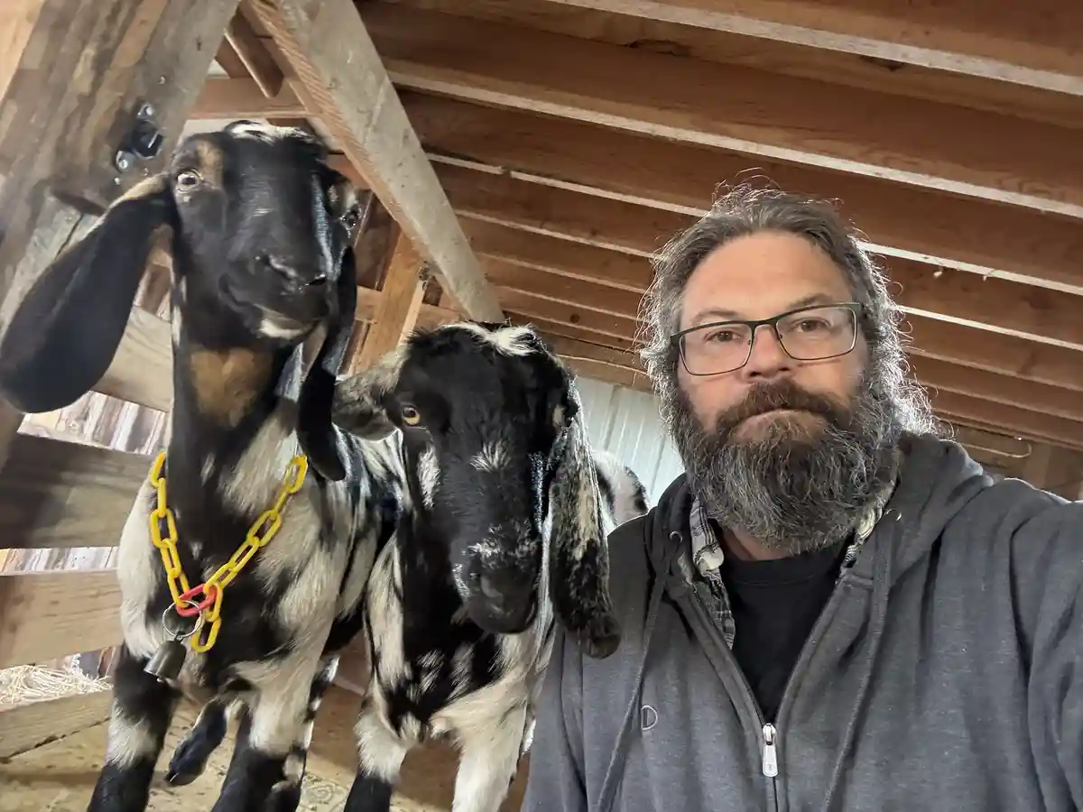 A man with a beard and glasses takes a selfie inside a wooden barn, flanked by two black-and-white goats. One goat wears a…