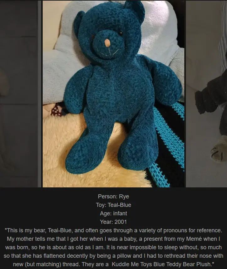 A teal-blue knitted teddy bear sits on a fluffy yellow surface next to a black-and-teal knitted blanket, with overlaid text…