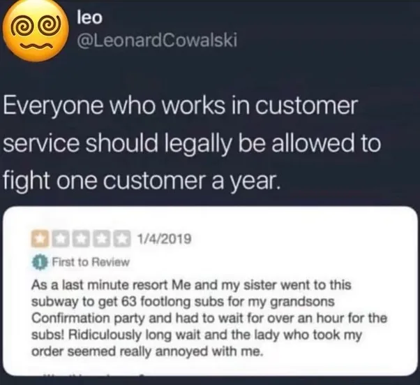 A screenshot of a Twitter post by user 'leo' (@LeonardCowalski) with a spiral-eyed emoji, stating that customer service…