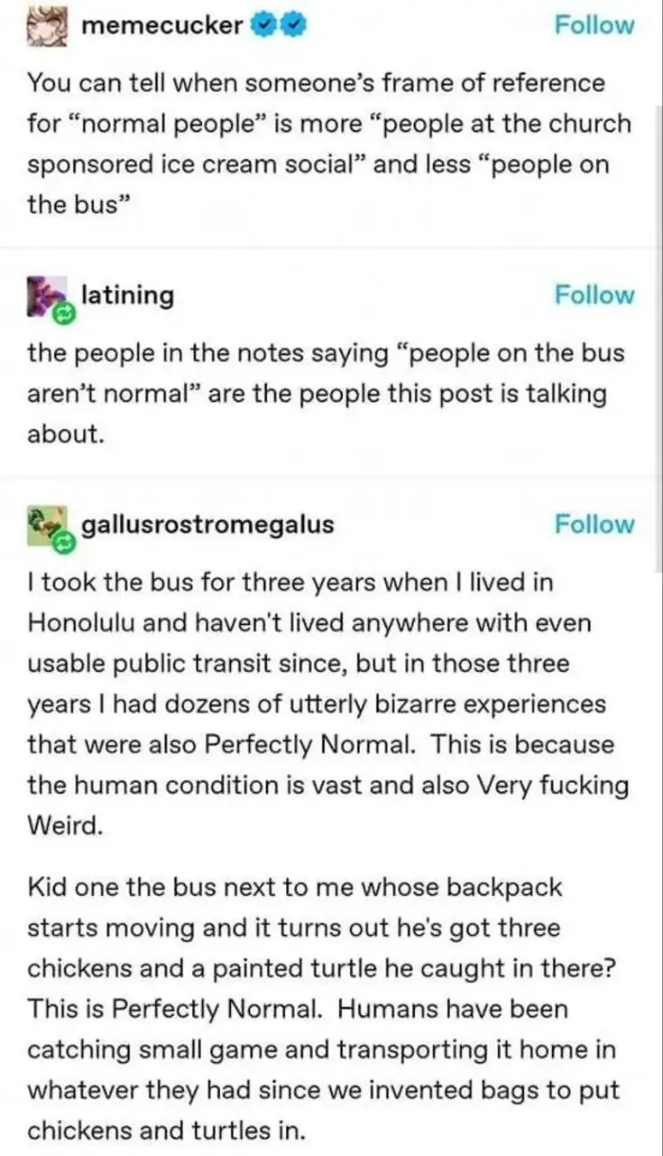 A screenshot of a social media thread where the original post questions what 'normal' people are, contrasting church ice…