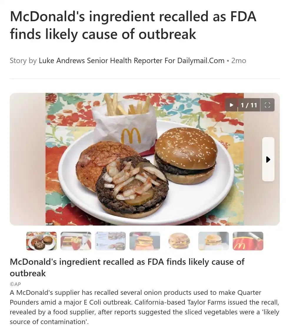 A news article screenshot shows a McDonald's Quarter Pounder burger with cheese, fries, and a sesame seed bun on a white…