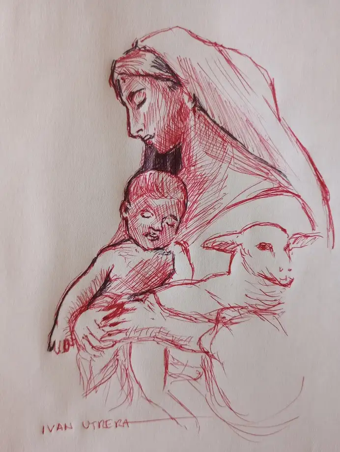 A red ink sketch on textured paper depicts a woman in a veil holding a baby, with a lamb positioned beside them. The…