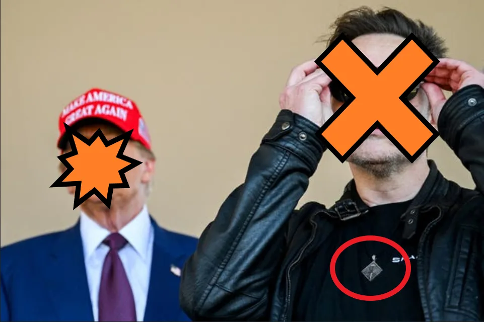 The image shows two men side by side. On the left, a man in a blue suit and red 'make america great again' cap has his face…