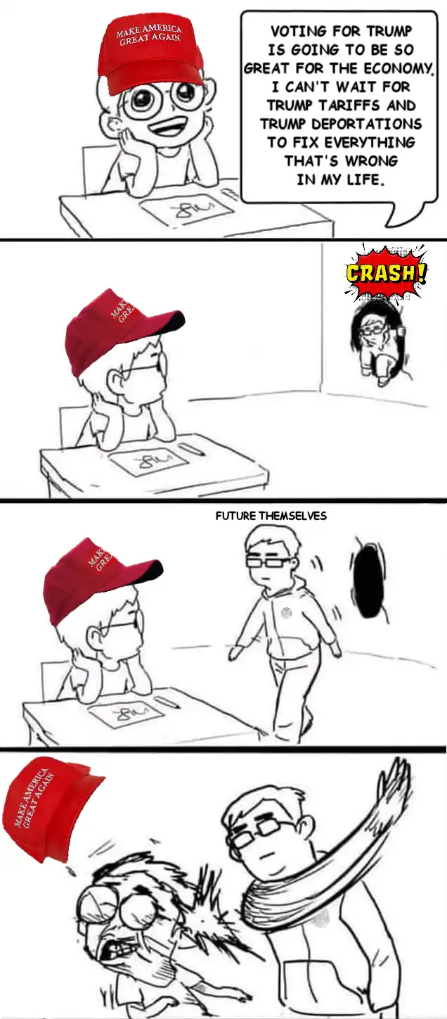 A four-panel comic shows a person wearing a 'Make America Great Again' hat, initially optimistic about voting for Trump to…