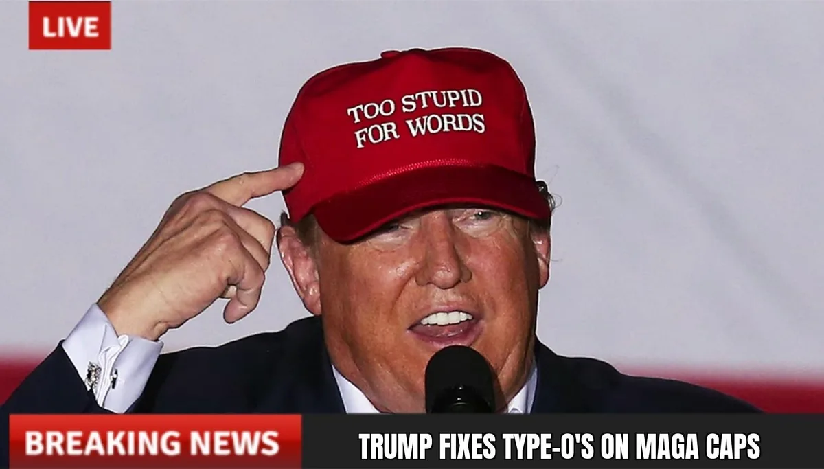 A man wearing a red MAGA-style cap with the text 'TOO STUPID FOR WORDS' embroidered on it, pointing to his temple while…