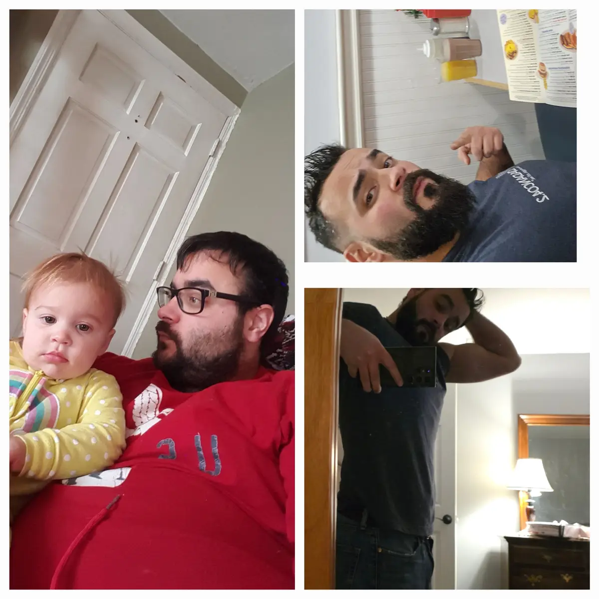 A three-panel collage shows a man in a red hoodie holding a baby in the top-left panel, then a close-up of him looking…