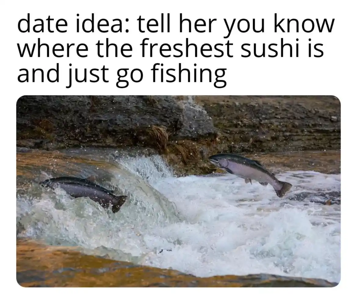 Two salmon leap through turbulent, foamy water in a river, with a rocky bank in the background. The overlaid text reads…
