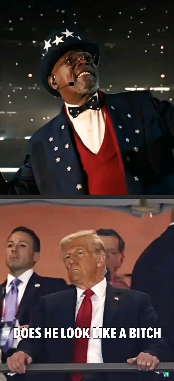 The top panel shows a man in a patriotic stars-and-stripes costume with a hat, smiling and looking upward. The bottom panel…