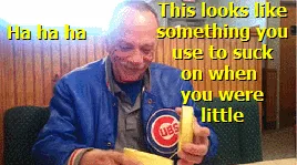 A sequence of six images shows an older man in a blue Chicago Cubs jacket reacting to a small object. He initially laughs…