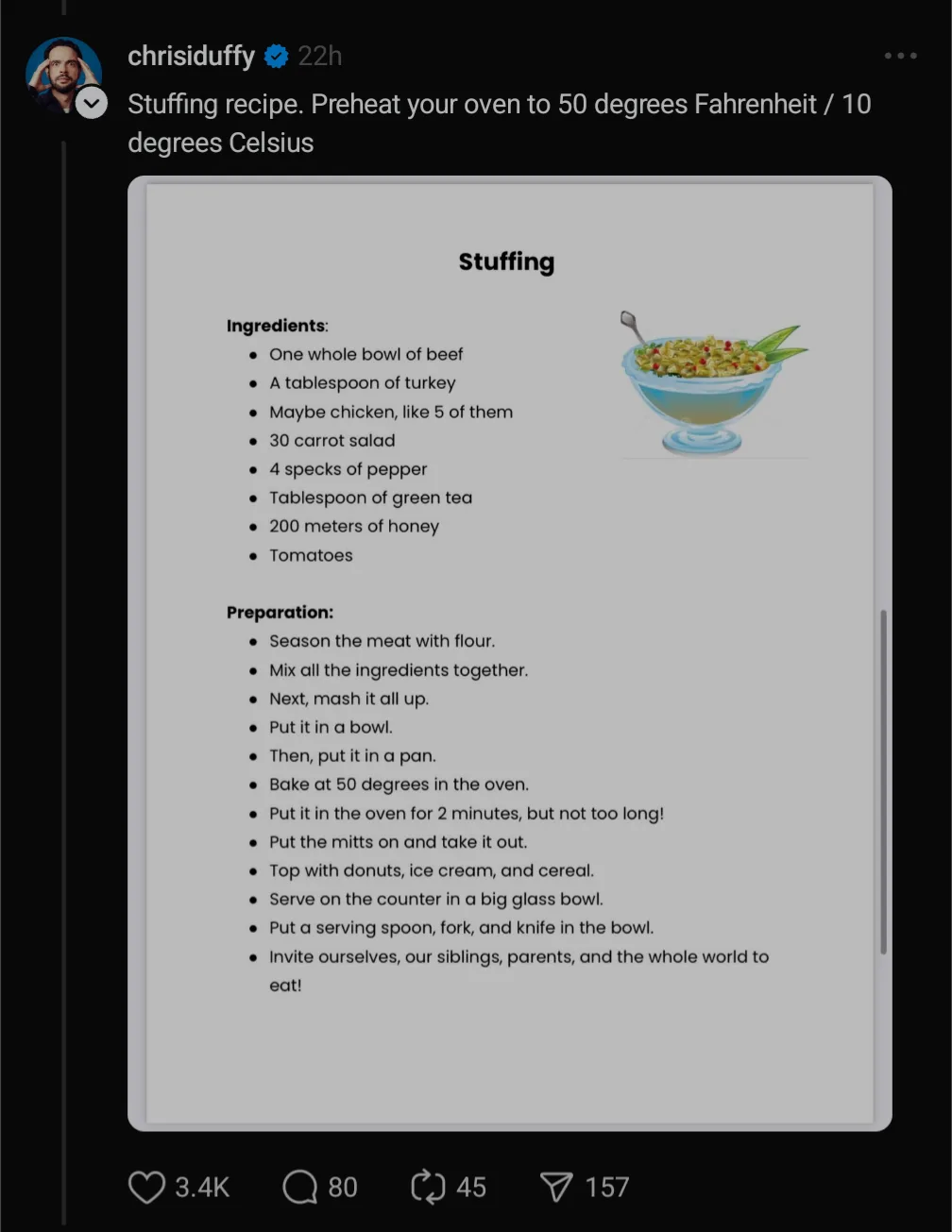 A screenshot of a social media post showing a fake 'stuffing recipe' with absurdly unrealistic ingredients like 'one whole…