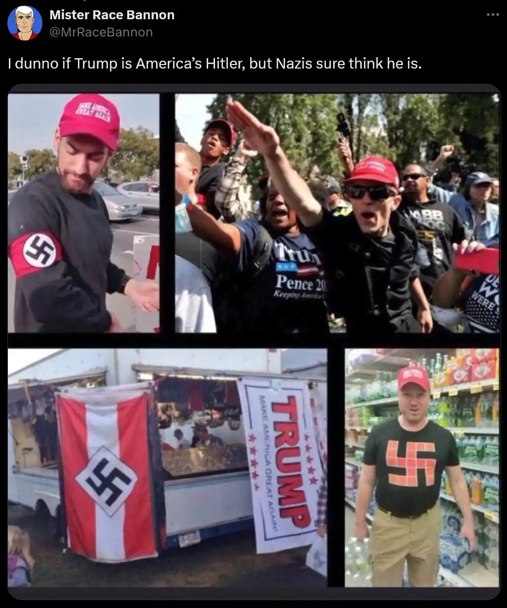 A four-panel image collage shows a man wearing a red 'Make America Great Again' cap and a Nazi armband, a crowd of Trump…