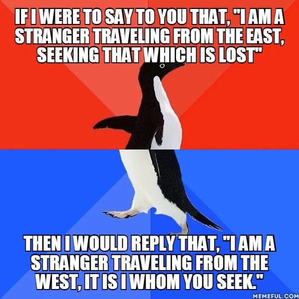 A penguin is split across a red and blue background, with white text overlaid in two sections. The top text reads: "IF I…