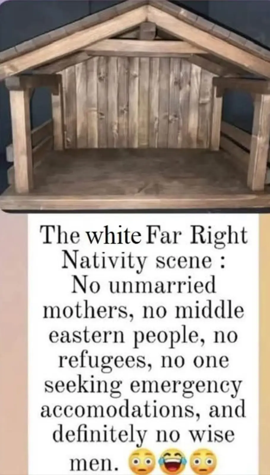 An empty wooden stable structure is shown above a text block that reads 'The white Far Right Nativity scene: No unmarried…
