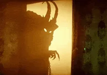 A six-panel sequence shows a demonic silhouette with horns and claws peeking through a doorway, gradually moving closer and…