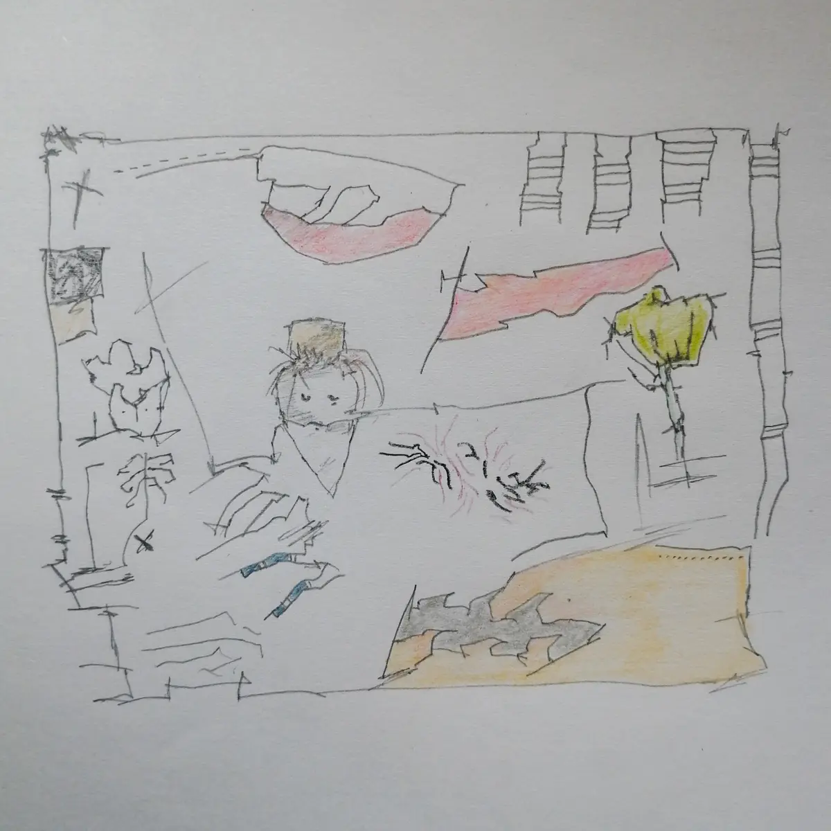 A child's sketch depicts a messy room with a person sitting on a bed surrounded by scattered items including a yellow…