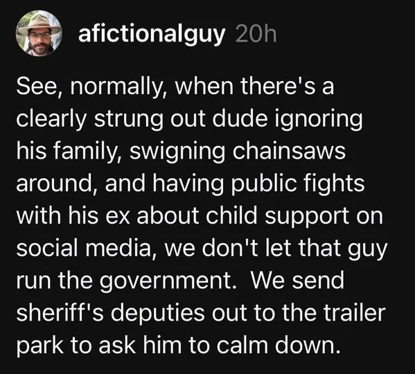 A screenshot of a social media post by 'afictionalguy' with white text on a black background. The text humorously describes…