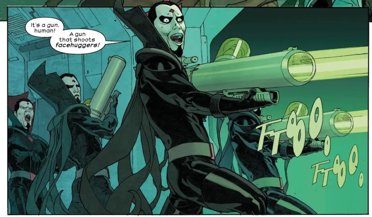 A comic panel shows several alien figures in dark cloaks holding large, futuristic guns. The central figure, with pale skin…