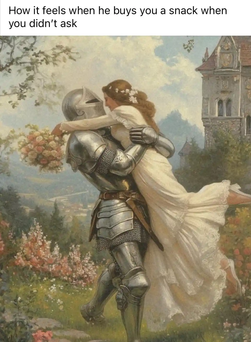 A romantic painting depicts a knight in full silver armor carrying a woman in a flowing white wedding dress through a…