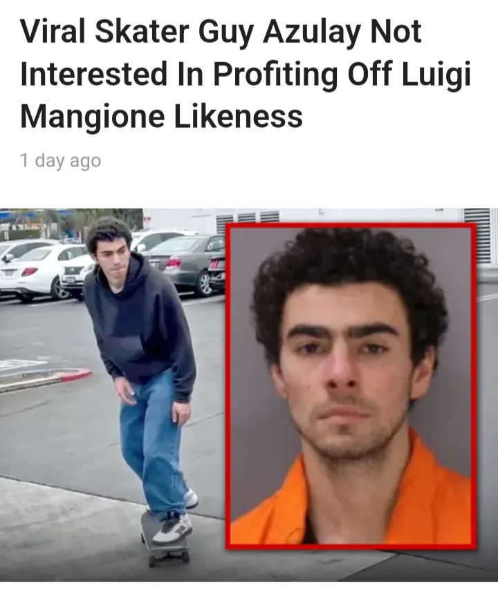 The image shows a man in a black hoodie and blue jeans skateboarding in a parking lot, with a mugshot of a man in an orange…