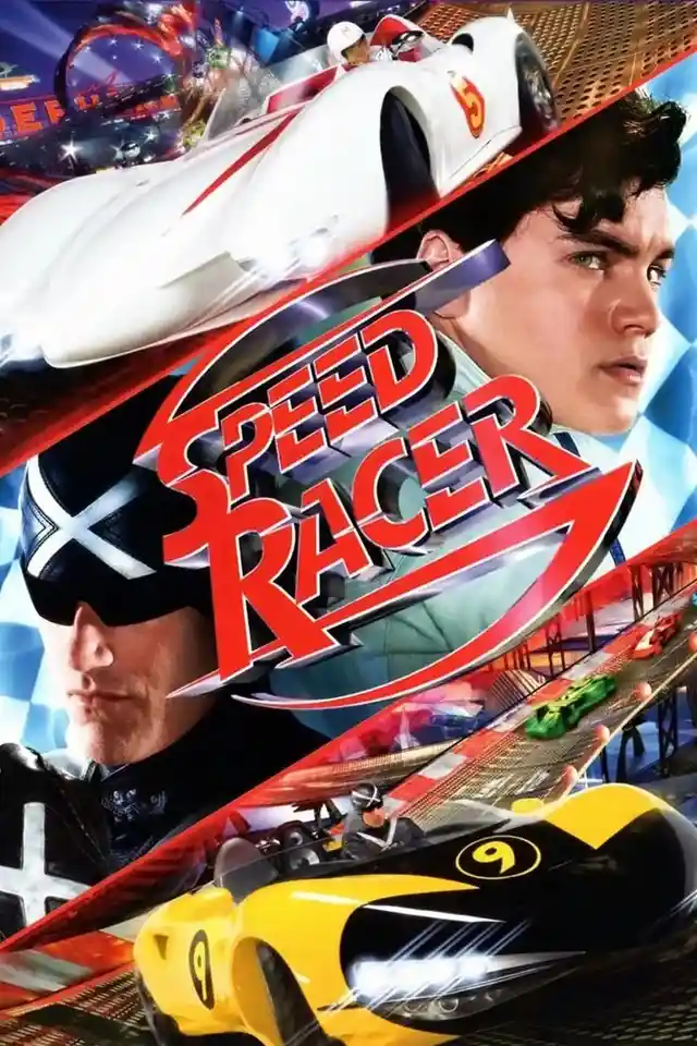 This is a promotional movie poster for the film 'Speed Racer,' featuring a dynamic composition with two main characters: a…