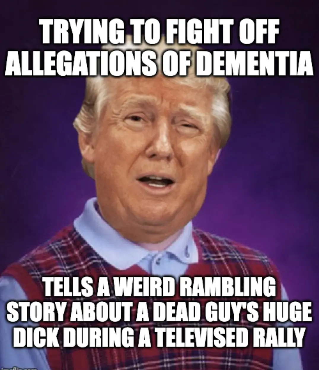 The image shows a close-up of Donald Trump against a purple background, wearing a red plaid vest over a light blue collared…
