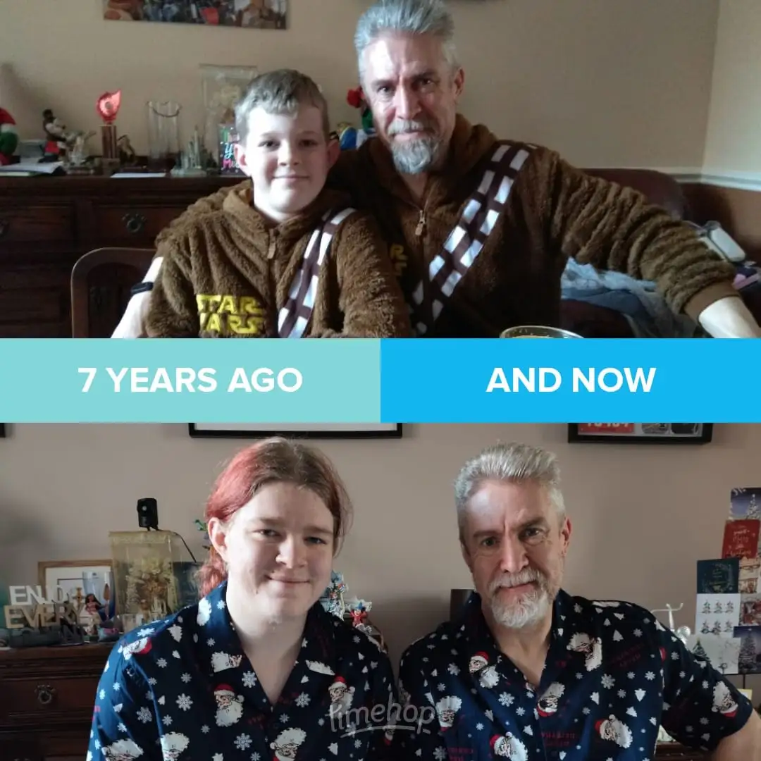 The top image shows a young boy and an older man, both wearing brown Chewbacca-themed hoodies with white straps, sitting…