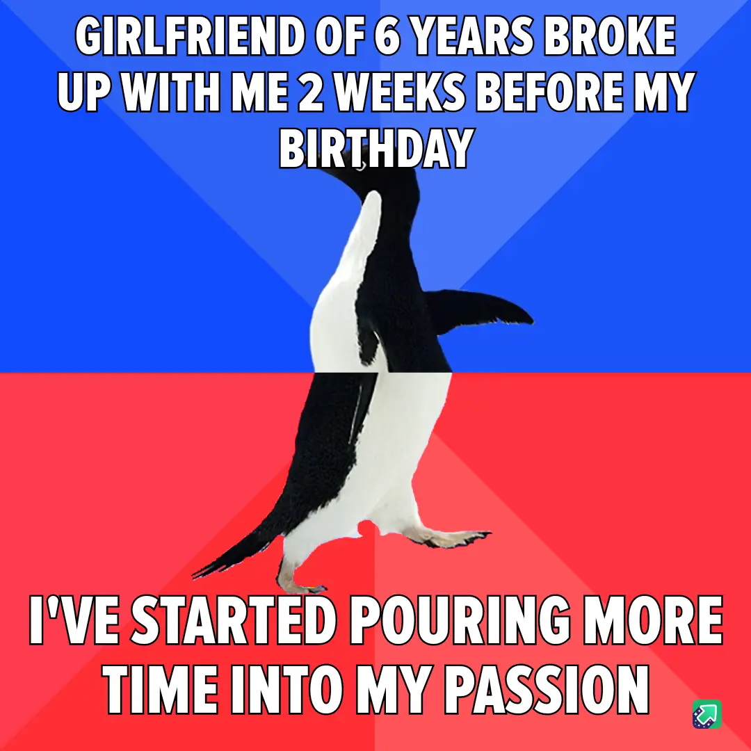 A penguin stands centered against a split blue and red background, with bold white text at the top stating 'GIRLFRIEND OF 6…