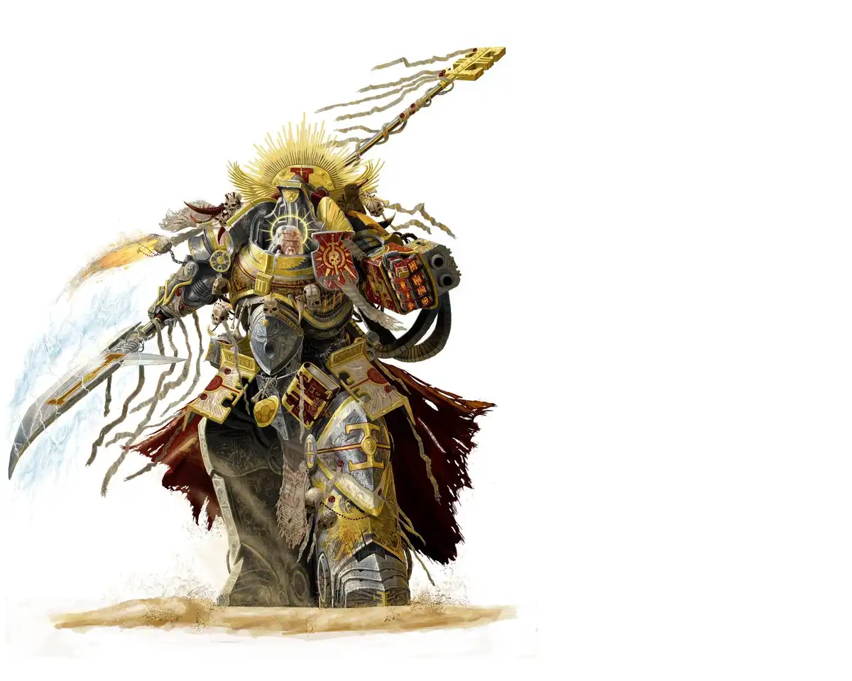 A heavily armored, ornate fantasy warrior with a golden halo, wielding a large sword and a staff, stands in a dynamic pose…