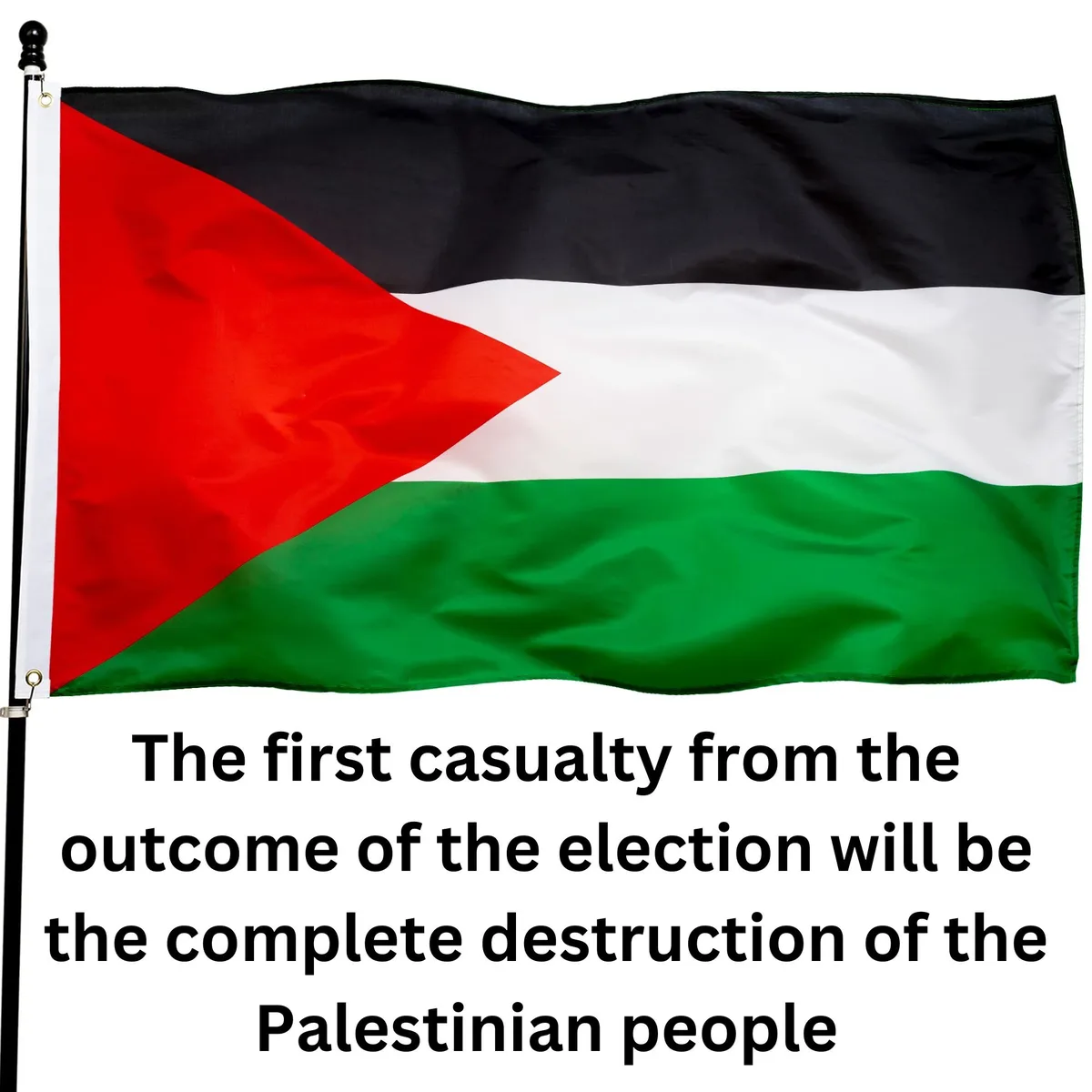 The image shows the Palestinian flag, featuring a red triangle on the hoist side and three horizontal stripes of black…