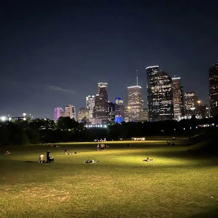 A nighttime photo of a grassy park with people relaxing, set against a brightly lit city skyline. The overlaid text reads…