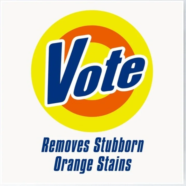 The image displays the iconic Tide laundry detergent logo, with the word 'Vote' in bold blue lettering inside a yellow and…
