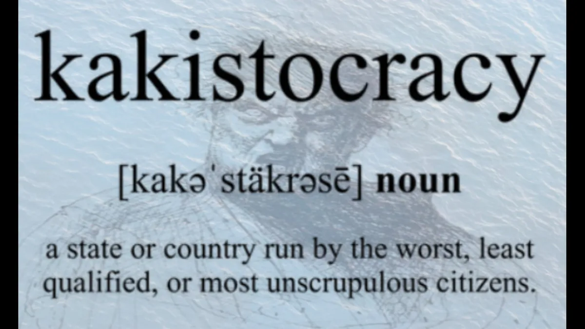 The image displays a dictionary-style definition for the word 'kakistocracy', showing its pronunciation, part of speech, and…