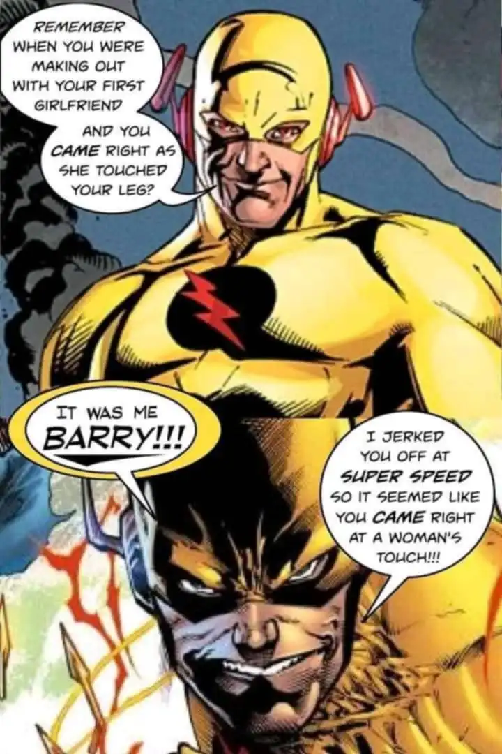 A comic book panel featuring two versions of the superhero Flash. The top panel shows a stern-looking Flash asking a memory…