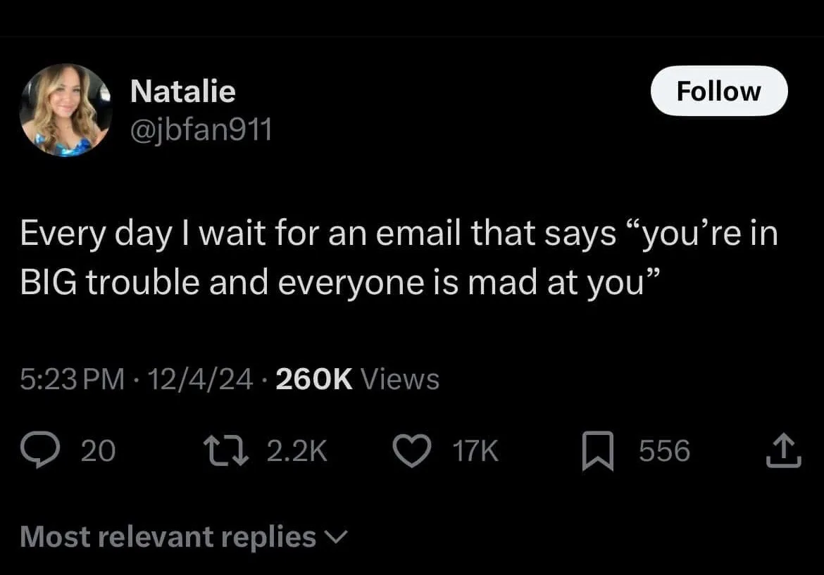 A screenshot of a social media post by user Natalie (@jbfan911) shows her text stating she waits daily for an email saying…