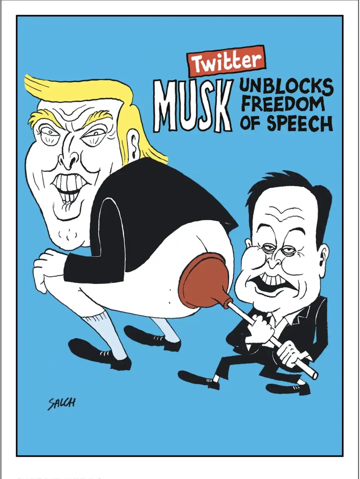 A cartoon depicts a caricature of Donald Trump, with his signature blonde hair and angry expression, being forcefully pushed…