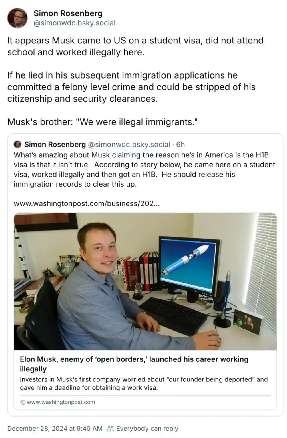 A screenshot of a social media post by Simon Rosenberg discussing Elon Musk's immigration history, featuring a photo of Musk…