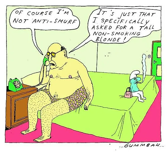 A cartoon depicts a large, bald, shirtless man in patterned underwear sitting on a bed, talking on a green rotary phone. He…