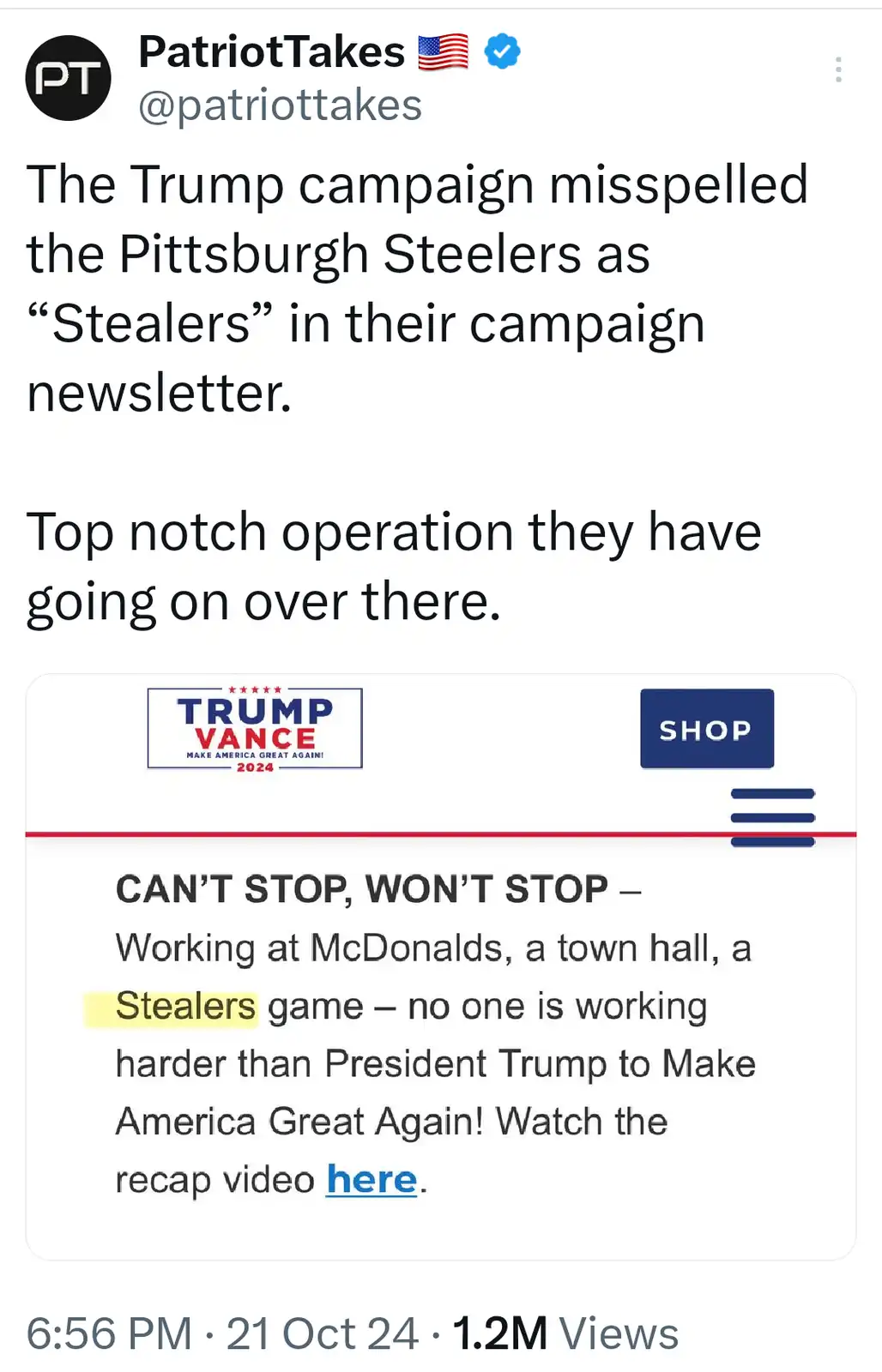 A screenshot of a Twitter post by 'PatriotTakes' shows a campaign newsletter from 'TRUMP VANCE 2024' that incorrectly spells…